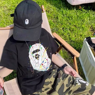 男童日系潮牌短袖T恤2024夏季新款宝宝个性猿猴涂鸦印花圆领上衣