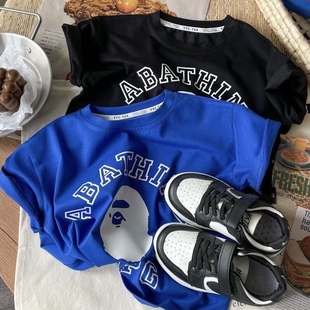 ins儿童t恤2023夏季新款日系短袖中小童卡通猿猴印花短袖圆领上衣