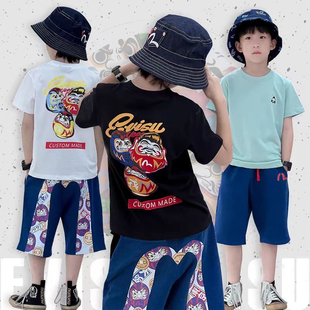 ins潮牌男童日系短袖t恤夏季新款2024中小童福神达摩印花半袖上衣