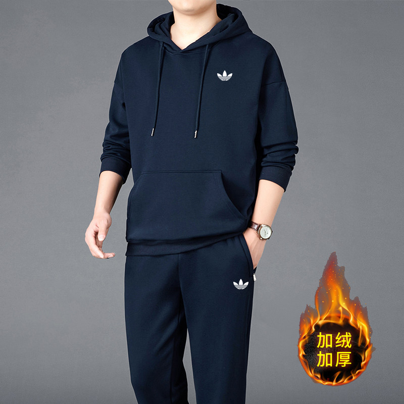奥特莱斯运动连帽卫衣套装男秋冬款纯棉加绒加厚休闲运动服两件套