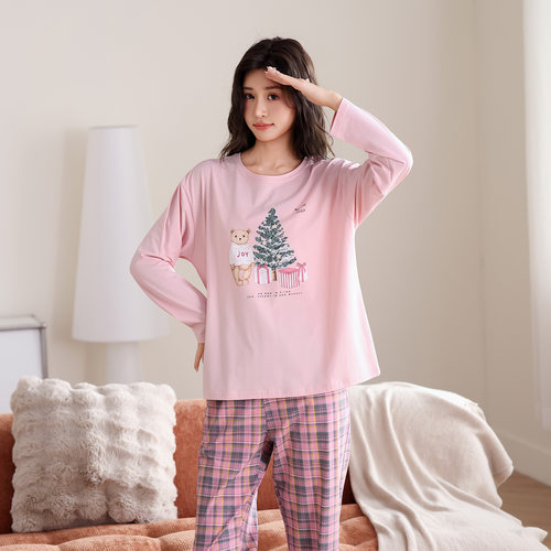 针织棉睡衣女春秋款长袖家居服