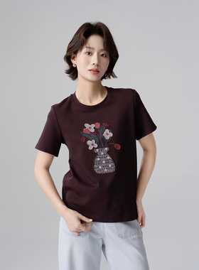 品牌CHAO精工圆领短袖T恤女新疆长绒棉立体绣花白色藏青西梅紫色