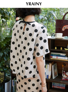 进口雨露亚麻！经典波点印花套装 天然麻本色复古通勤上衣半裙