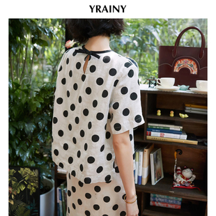 波点印花套装 天然麻本色复古通勤上衣半裙 经典 进口雨露亚麻