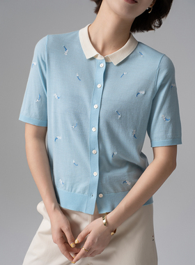 专柜1000+精工16G纯羊毛撞色小翻领中袖开衫女浅蓝色刺绣上衣