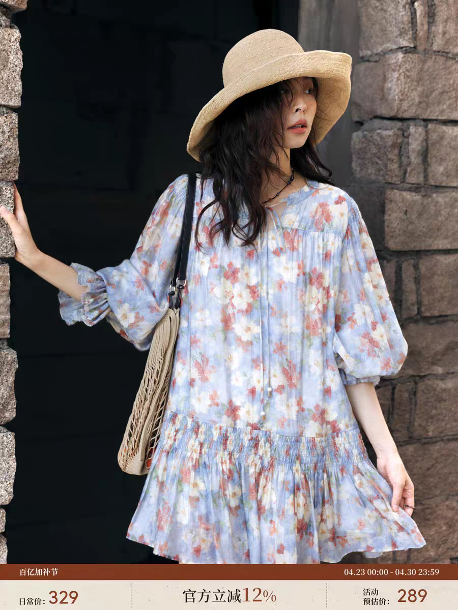 “莫奈花园”波西米亚油画艺术花汉服连衣裙
