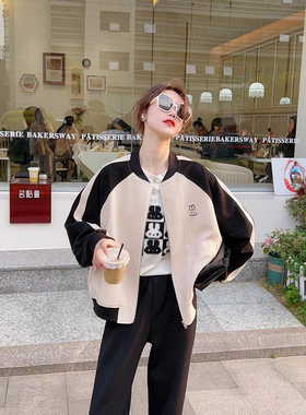 新品爆款春秋女夹克高级感超好看刺绣老钱风拼色棒球外套女