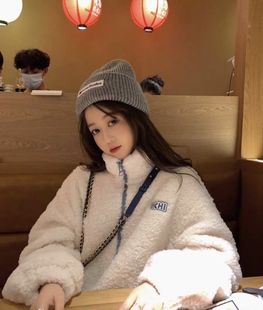羊羔绒卫衣女冬开衫外套高领加绒加厚宽松大码羊羔毛女装外套