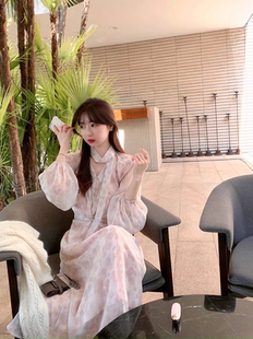 温柔雪纺碎花裙女秋季新款系带淑女显瘦中长款连衣裙子