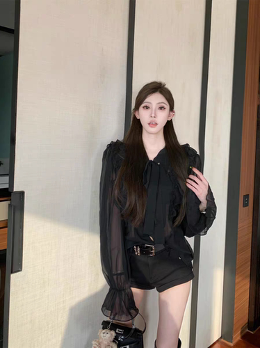 【高岭之花】喇叭袖绑带网纱长袖衬衫女设计感小众上衣
