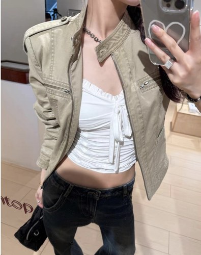 立领做旧美式复古短款牛仔外套女早秋新款正肩夹克上衣