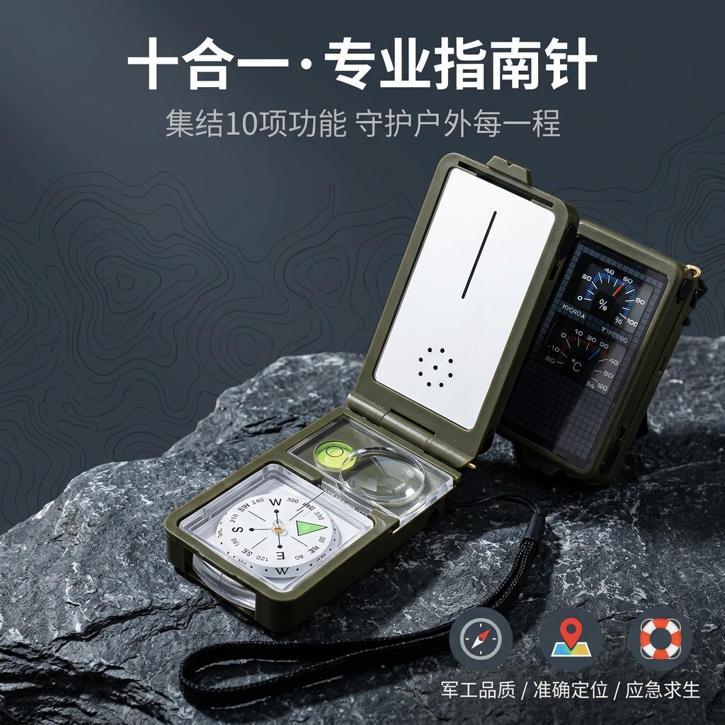 十合一多功能指南针t10 带灯温度表口哨 打火石户外礼品指北针