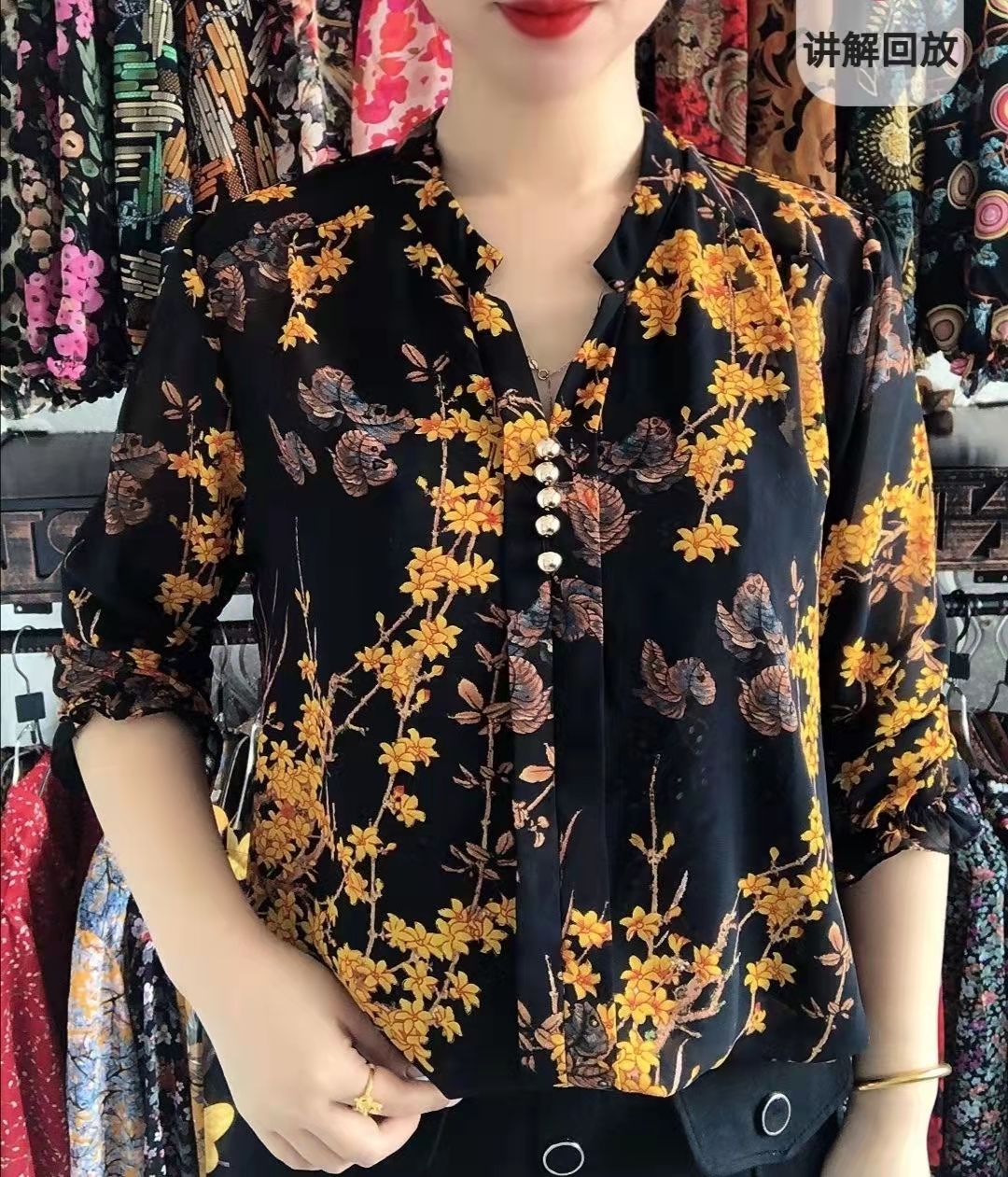 碎花套头雪纺衫女新款松紧边遮肉洋气宽松妈妈大码上衣七分袖衬衫