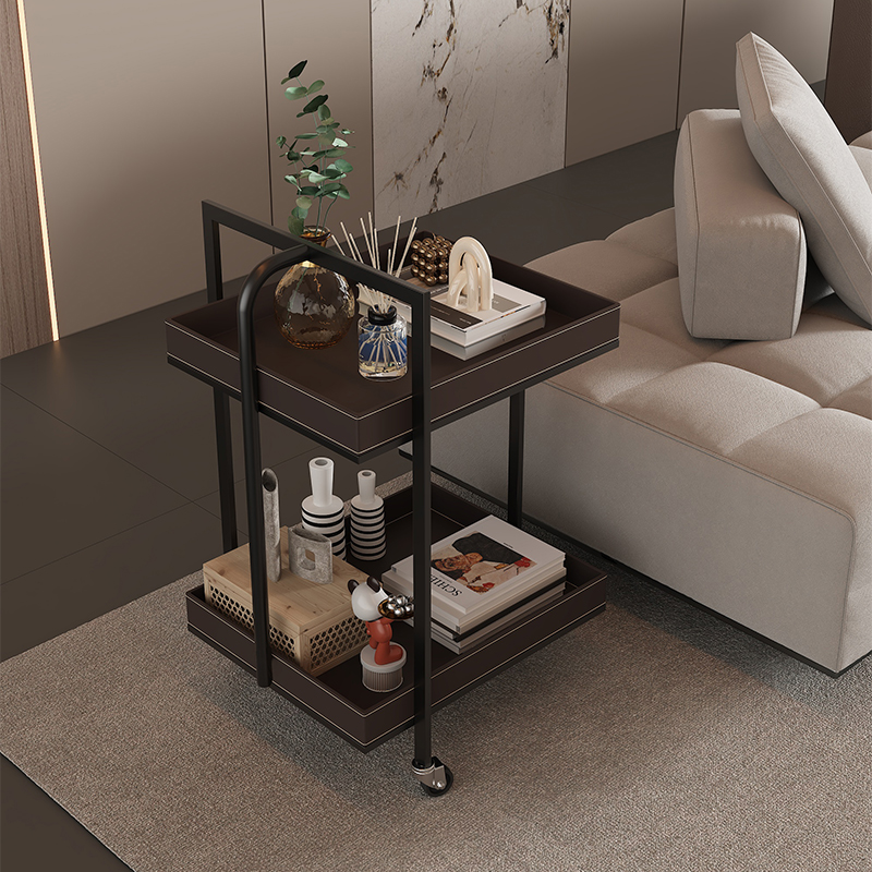意式轻奢皮革沙发边几美业移动工具小推车置物架美容美甲美发双层