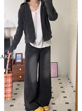 黑灰色阔腿牛仔裤女春季新款大码胖mm高腰宽松显瘦梨形身材直筒裤