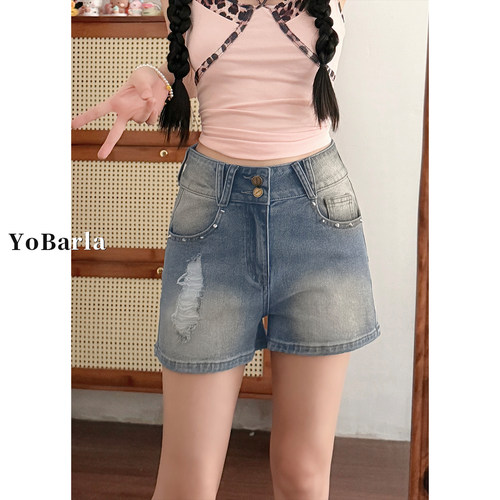 复古高腰破洞牛仔短裤女夏显瘦