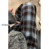 格纹直筒垂感休闲裤 子 胖mm显瘦梨形身材宽松阔腿裤 女冬季 加绒大码