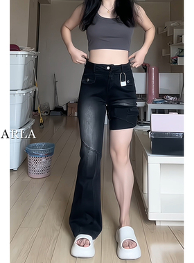 黑灰色弹力微喇叭牛仔裤女冬季加绒大码胖mm梨形身材显瘦马蹄裤子