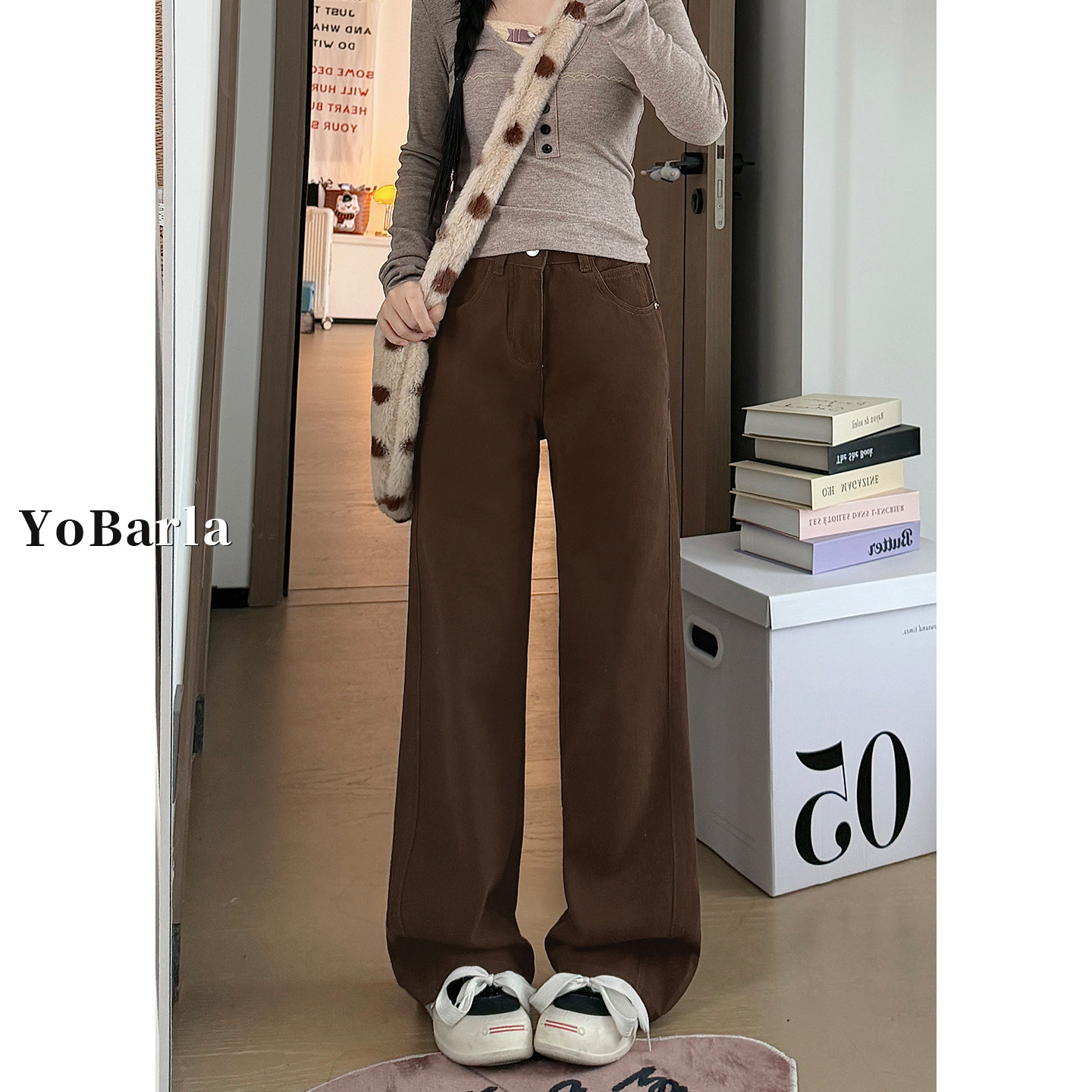 复古棕色阔腿牛仔裤女高腰冬季加绒大码胖mm宽松显瘦垂感直筒裤子,女装/女士精品,牛仔裤,淘宝优惠券,粉丝福利购,淘宝优惠卷