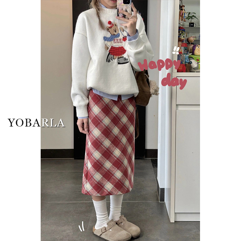 红色毛呢格子半身裙女冬季大码高腰显瘦胖mm遮肚子中长款a字裙子
