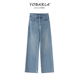 女春季 直筒裤 新款 胖mm宽松显瘦梨形身材窄版 子 大码 蓝色阔腿牛仔裤