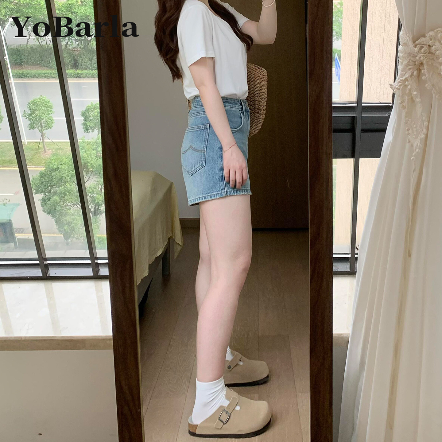 蓝色牛仔短裤女夏季新款梨形身材大码胖mm显瘦弹力阔腿a字热裤子