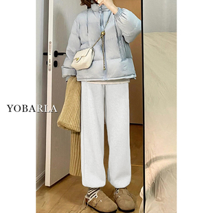 阔腿直筒束脚卫裤 灰色运动休闲裤 胖mm显瘦窄版 加绒宽松大码 女冬季