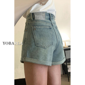 浅蓝色牛仔短裤 胖mm小个子显瘦梨形身材a字热裤 女高腰夏薄款 大码
