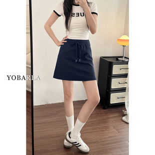 深蓝色休闲短裙女夏新款 梨型身材胖mm显瘦遮肚高腰a字半身裙 大码