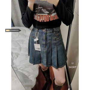 High -waisted pleated denim skirt female summer large size fat MM covered belly thin design A -line hip short skirt