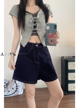 深蓝色牛仔短裤女夏季薄款高腰大码胖mm显瘦梨形身材阔腿a字热裤