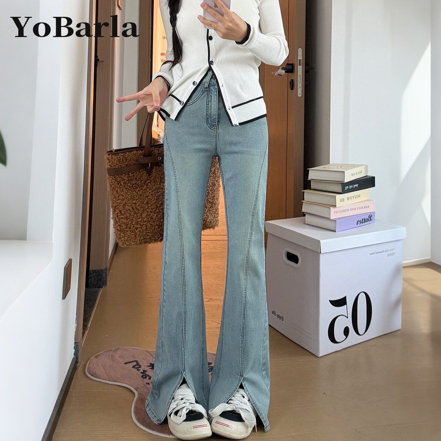 浅色开叉弹力微喇牛仔裤女秋冬高腰大码显瘦胖mm梨形身材喇叭裤子,女装/女士精品,牛仔裤,淘宝优惠券,粉丝福利购,淘宝优惠卷