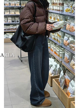 蓝灰色直筒牛仔裤女春季新款胖mm大码宽松显瘦梨形身材窄版阔腿裤