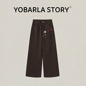 美拉德花朵纽扣棕色牛仔裤 显瘦阔腿裤 女直筒冬季 加绒胖mm宽松大码