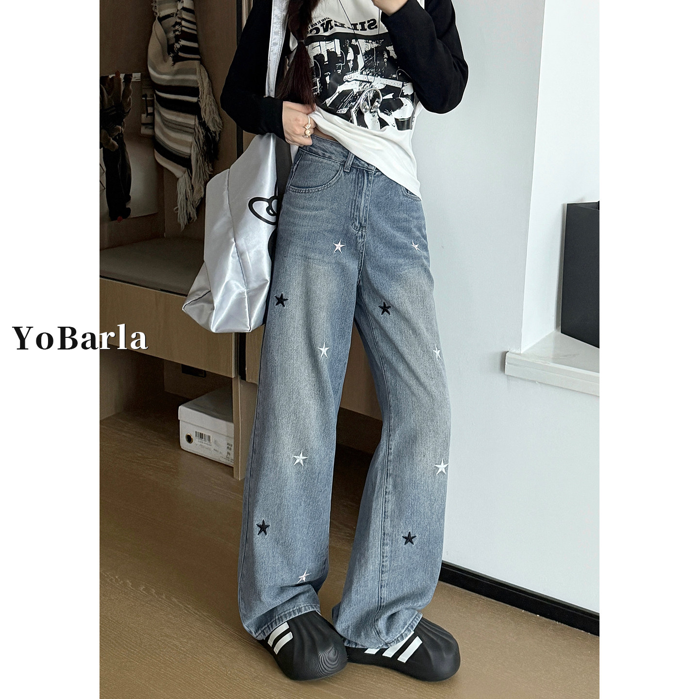蓝色星星刺绣直筒牛仔裤女秋冬新款胖mm大码高腰显瘦宽松阔腿裤子,女装/女士精品,牛仔裤,淘宝优惠券,粉丝福利购,淘宝优惠卷