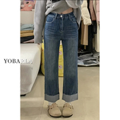 胖mm高腰弹力显瘦小个子九分烟管裤 卷边直筒牛仔裤 大码 新款 女春季