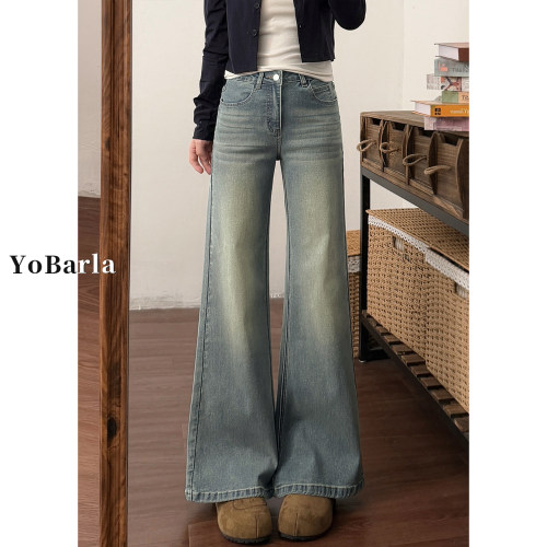 复古做旧高腰显瘦微喇牛仔裤女