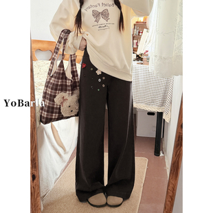 显瘦阔腿裤 美拉德花朵纽扣复古棕色直筒牛仔裤 女秋冬胖mm宽松大码