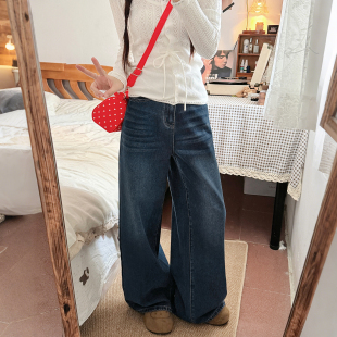 女春季 直筒裤 新款 宽松显瘦窄版 梨形身材胖mm大码 蓝灰色阔腿牛仔裤