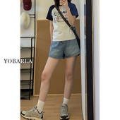 女高腰夏季 新款 胖mm大码 复古牛仔短裤 显瘦梨形身材阔腿a字热裤 子