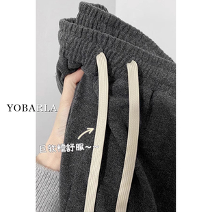 胖mm宽松垂感显瘦阔腿裤 加绒加厚大码 女冬季 深灰色直筒糯米休闲裤