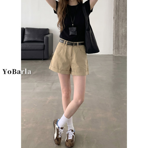 卡其色a字阔腿显瘦牛仔短裤女