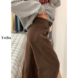 直筒裤 加绒加厚胖mm梨型身材宽松显瘦大码 子 女冬季 棕色阔腿牛仔裤