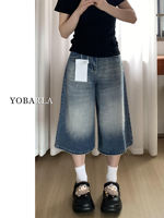 American wide-leg denim capsized pants for women in summer, a new style. Loose and slimming, pear-shaped figure straight-leg shorts thumbnail 5