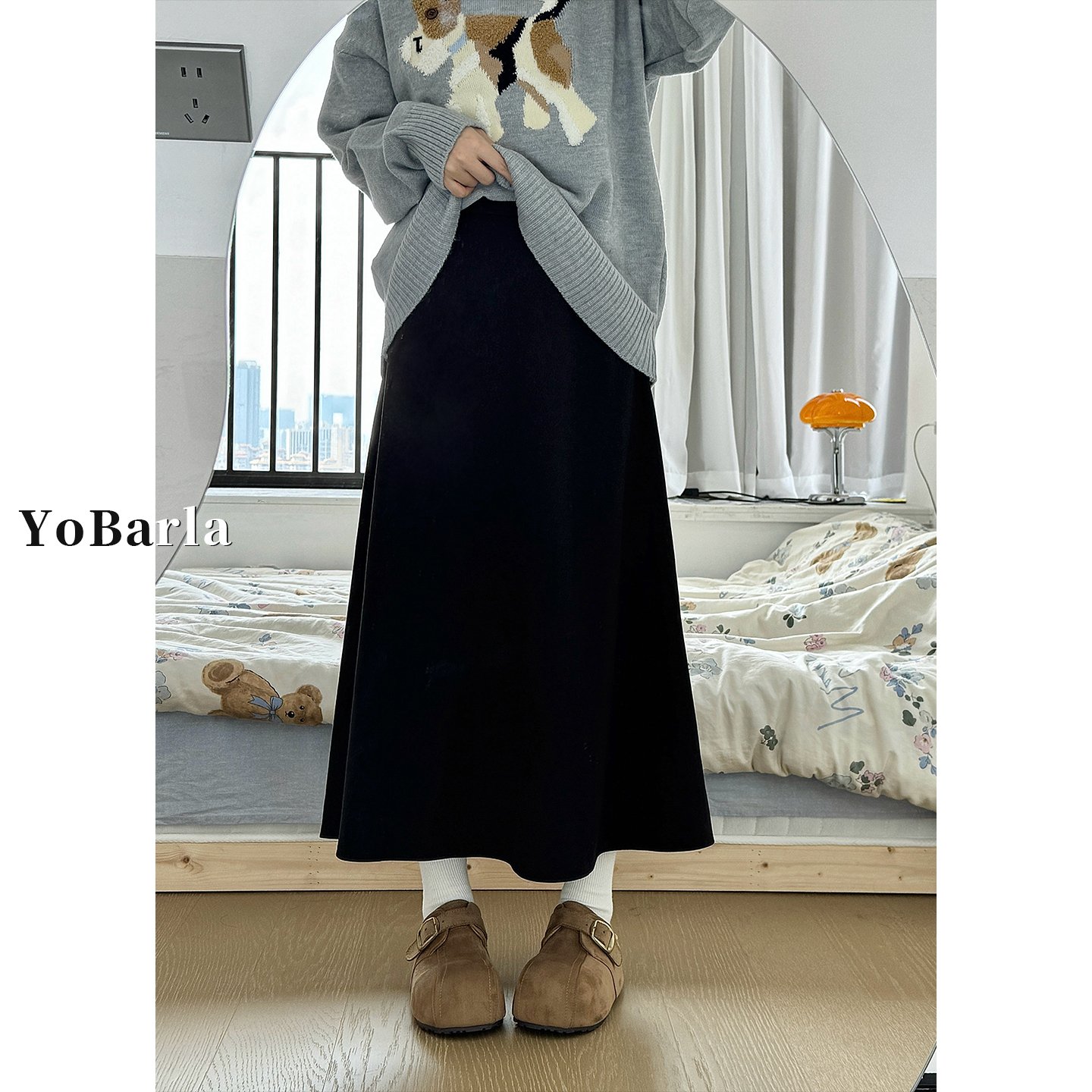 黑色毛呢a字半身裙女高腰秋季新款大码胖mm遮胯显瘦中长款伞裙子