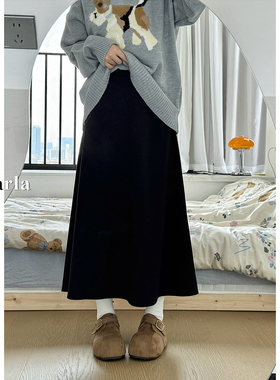 黑色毛呢a字半身裙女高腰春季新款大码胖mm遮胯显瘦中长款伞裙子