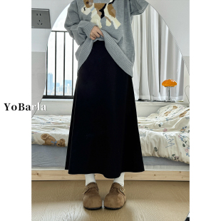 胖mm遮胯显瘦中长款 大码 伞裙子 新款 黑色毛呢a字半身裙女高腰秋季