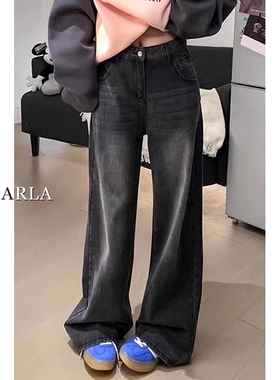 黑灰色直筒牛仔裤女冬季加绒大码胖mm宽松显瘦梨形身材高腰阔腿裤