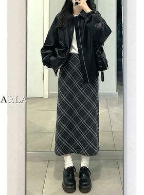 格子大码半身裙女秋冬新款胖mm遮肚子显瘦梨形身材中长款a字裙子