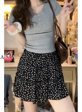 黑色碎花蛋糕短裙女高腰大码夏季胖mm遮肚显瘦梨形身材a字半身裙